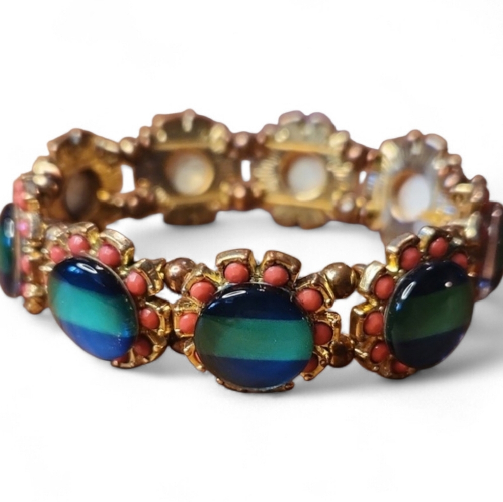 Vintage 90s Gold Tone Enamel Glass Stretch Bracelet Blue Green